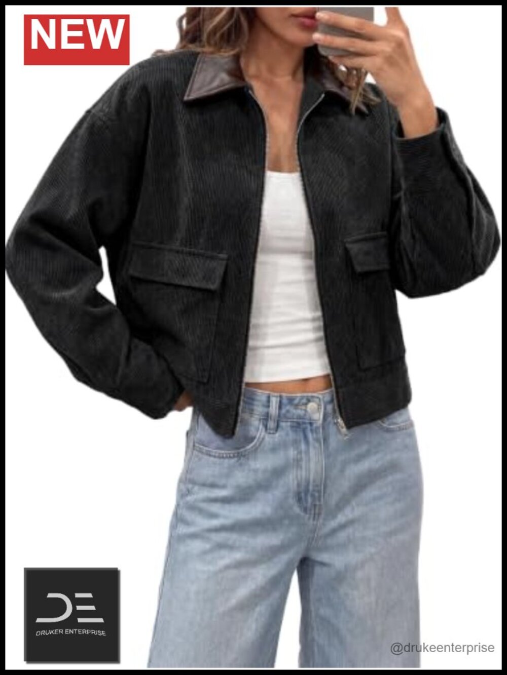 Cropped Corduroy Jacket Oversized Zip Up Barn Bomber Coat